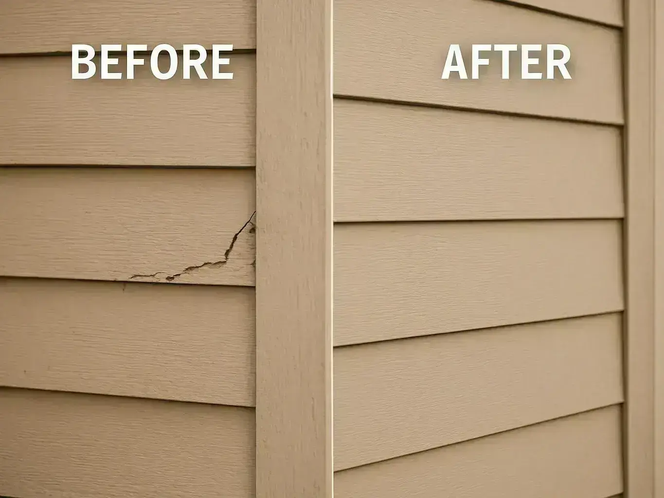 Before and after view of beige siding, with a visible crack on the left panel and a repaired surface on the right