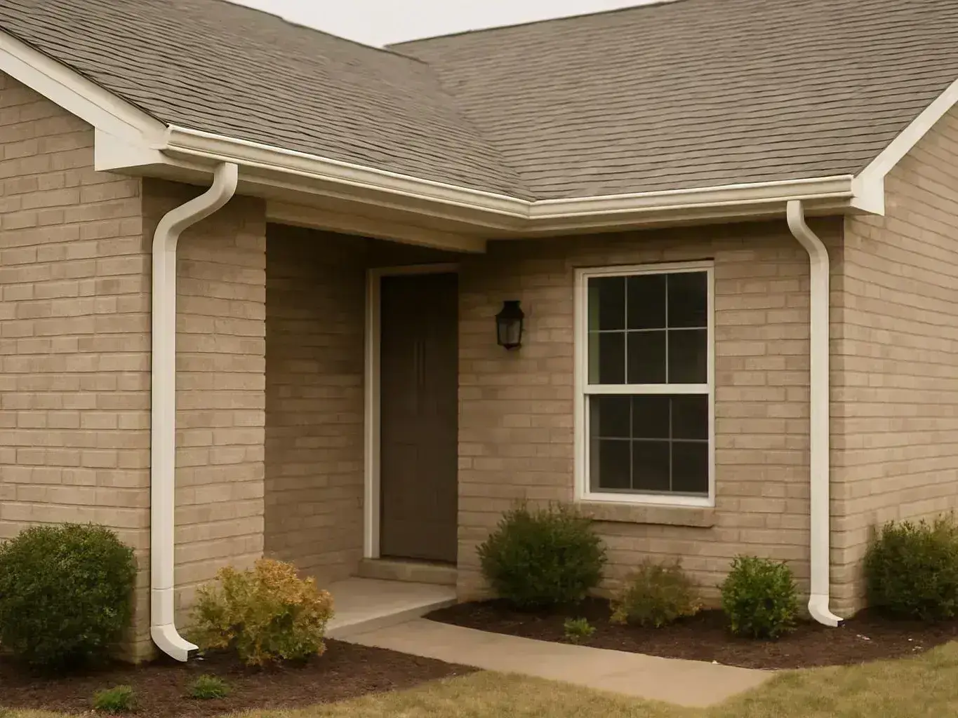 A beige brick house entrance shows a dark front door, white trim, a window, and small shrubs in front