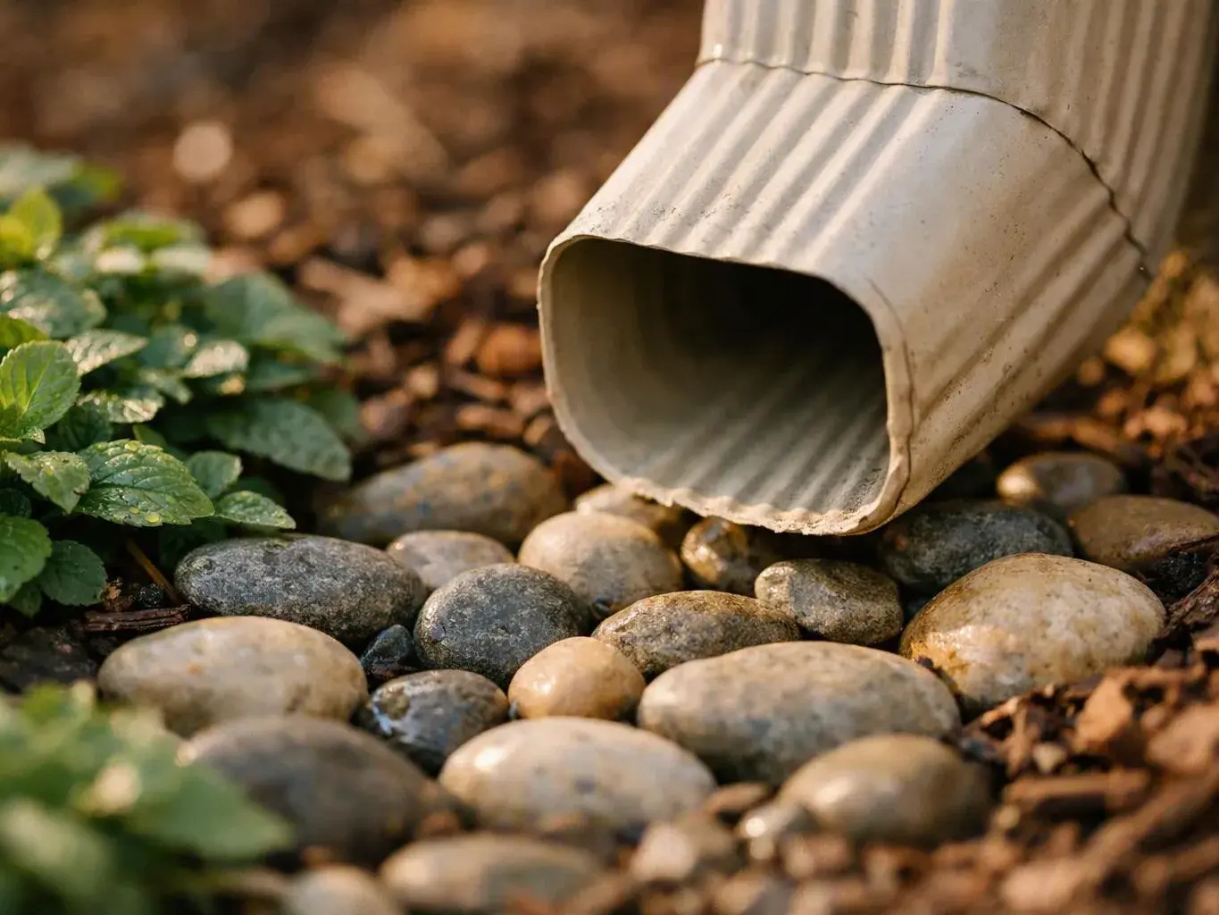 A beige downspout ends above smooth garden stones beside green leaves