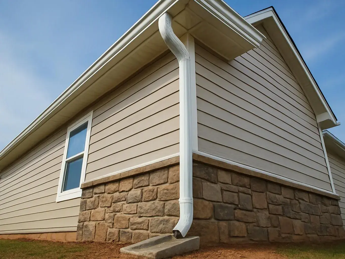 A beige house corner shows white siding, stone foundation, a window, and a downspout under a blue sky
