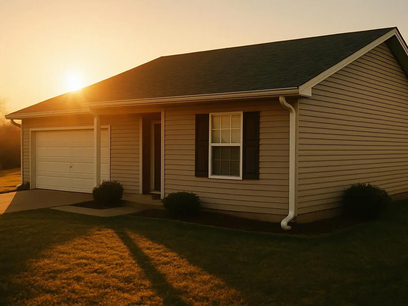 A beige single-story house with a garage sits in warm sunset light, with a small lawn in front