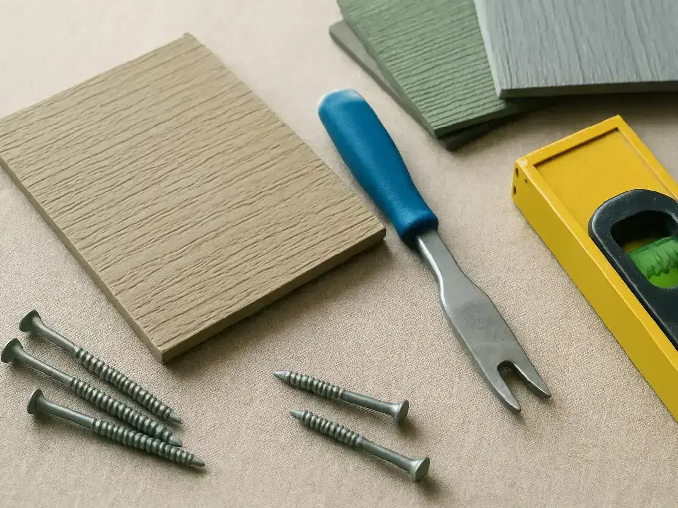 A blue-handled pry tool, screws, wood samples, and a yellow level rest on a beige work surface