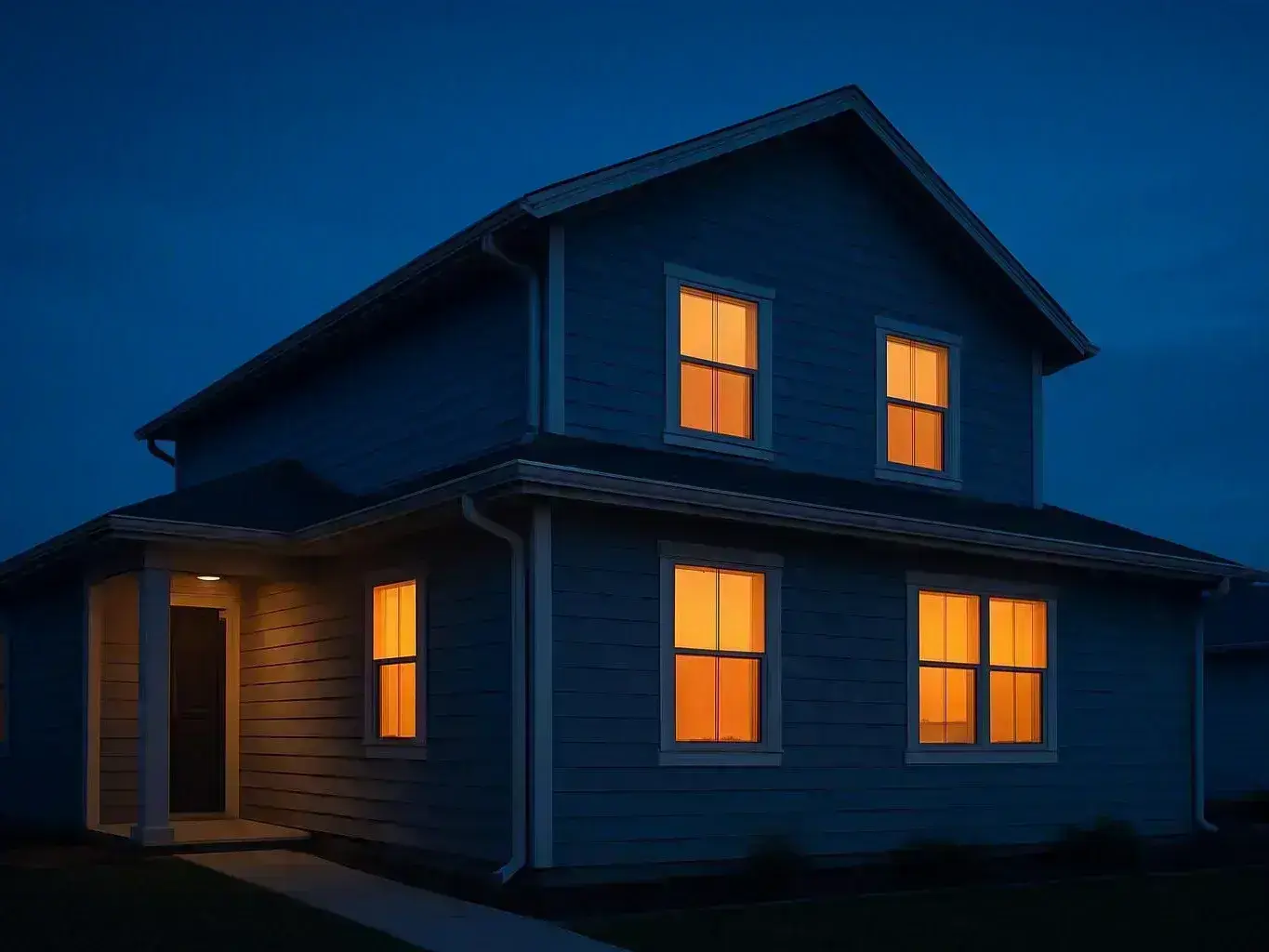 A blue two-story house glows with warm lit windows at dusk