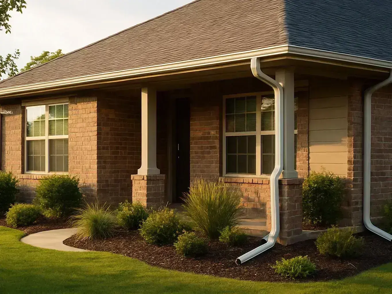 A brick house with a dark roof, white gutters, and trimmed shrubs sits in a sunny yard