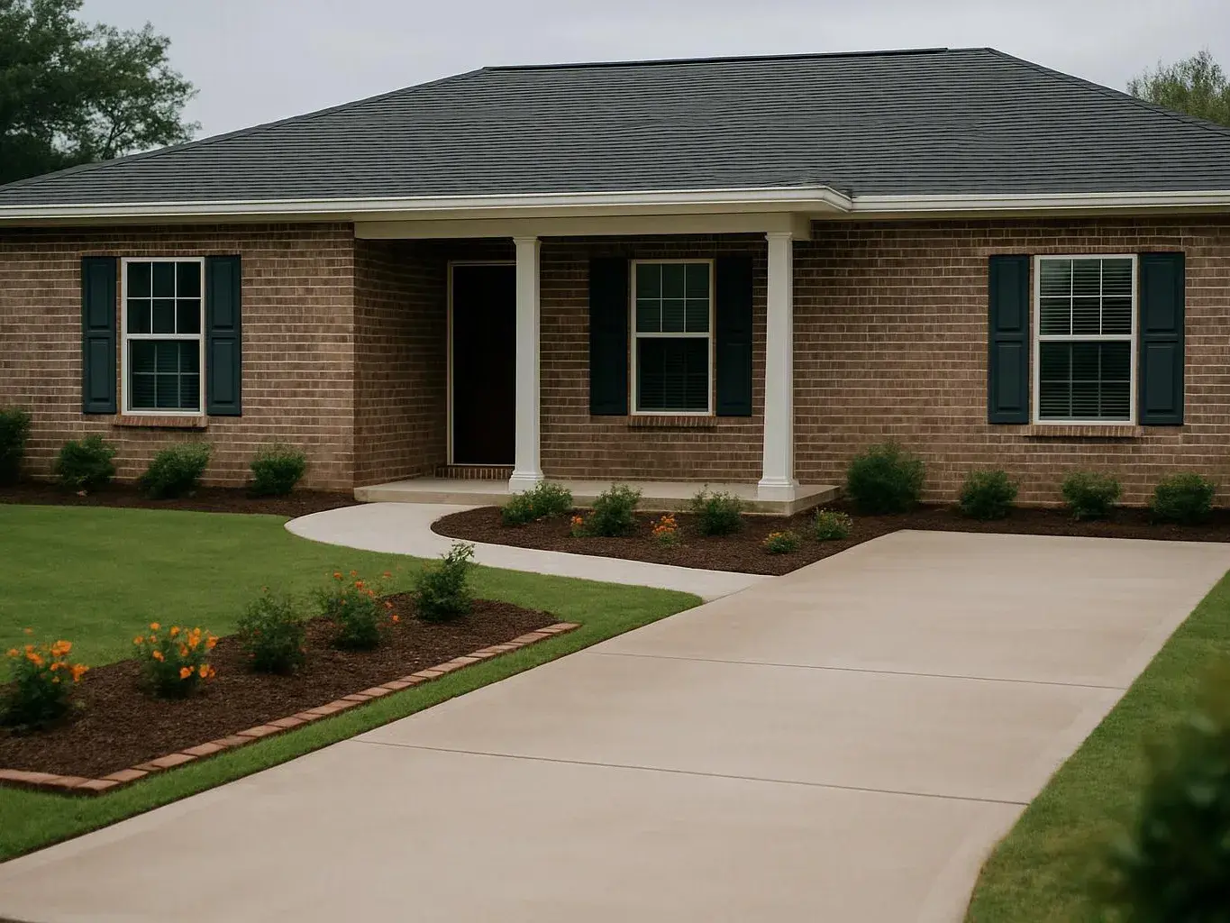 A brick house with a dark roof, white porch columns, and a curved driveway sits beside a neat lawn