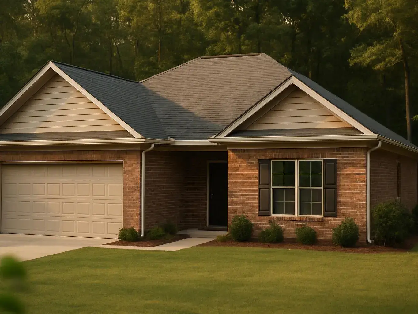 A brick suburban house with a two-car garage sits beside a green lawn and trees