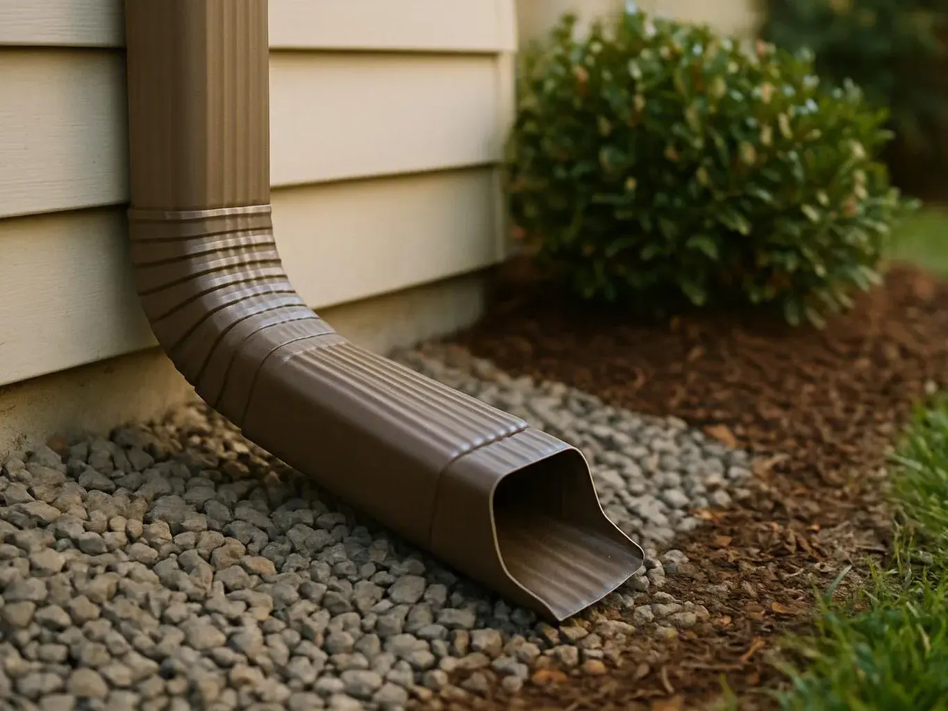 A brown downspout runs from a house wall and ends over a bed of gravel and mulch near a shrub