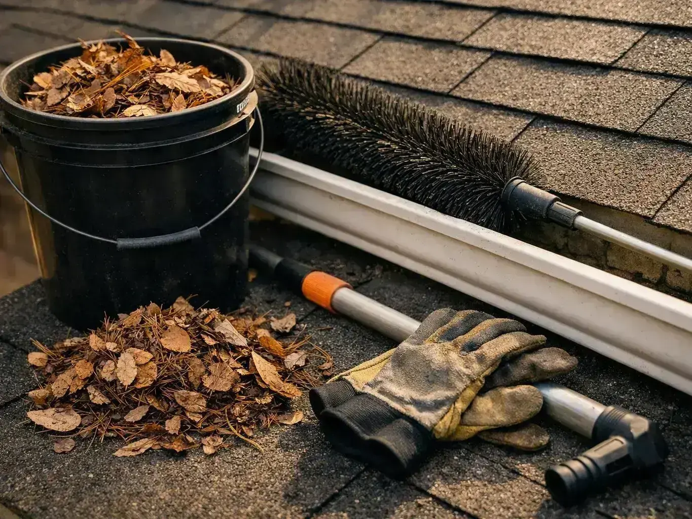 A bucket of leaves, gutter brush tools, and work gloves sit on a shingled roof next to a gutter