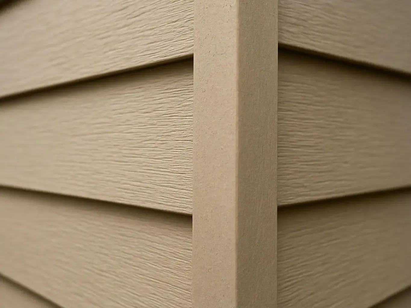Close-up of beige horizontal siding meeting a vertical corner trim on a building