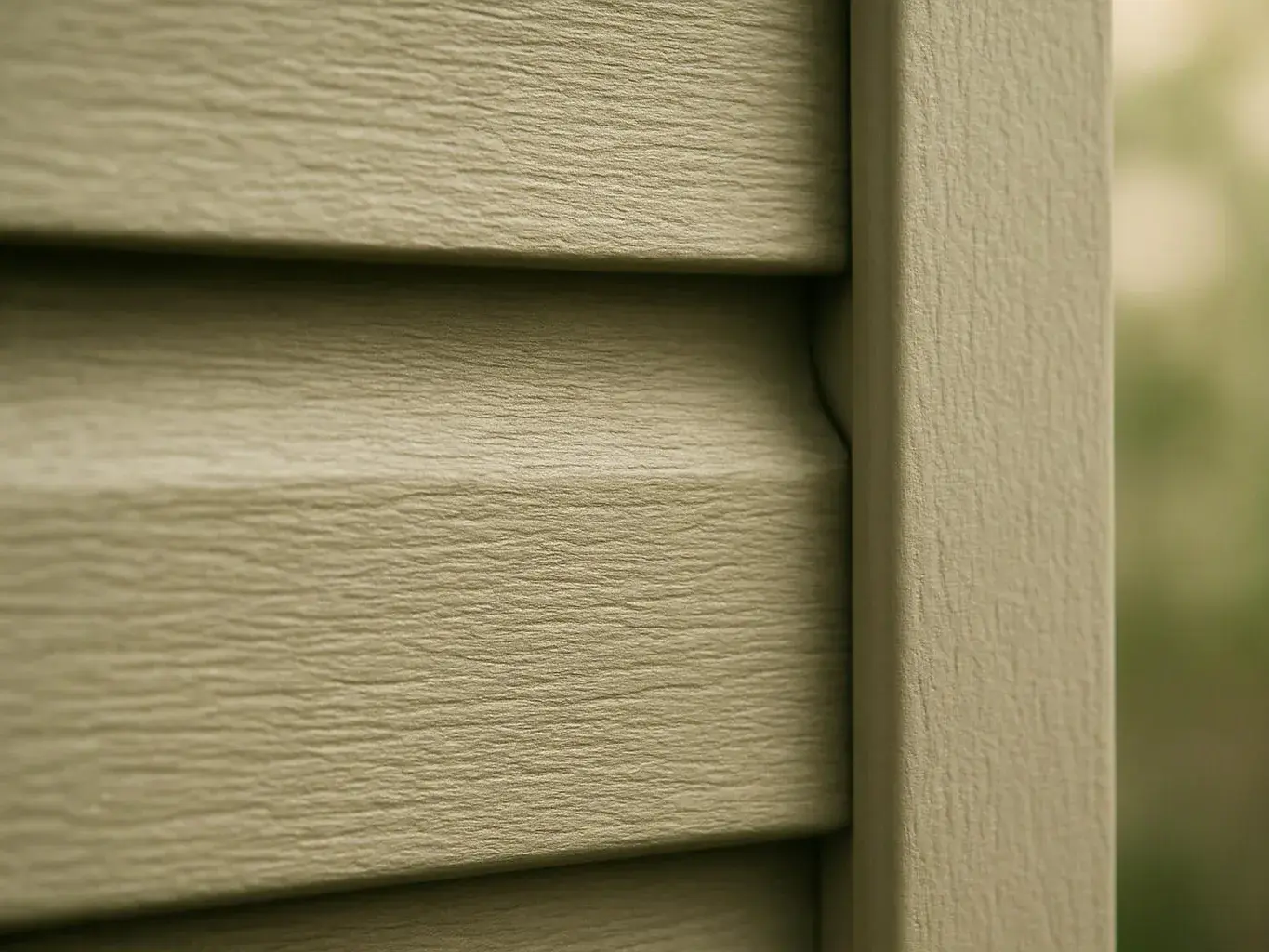 Close-up of beige vinyl siding panels meeting a vertical trim board outdoors