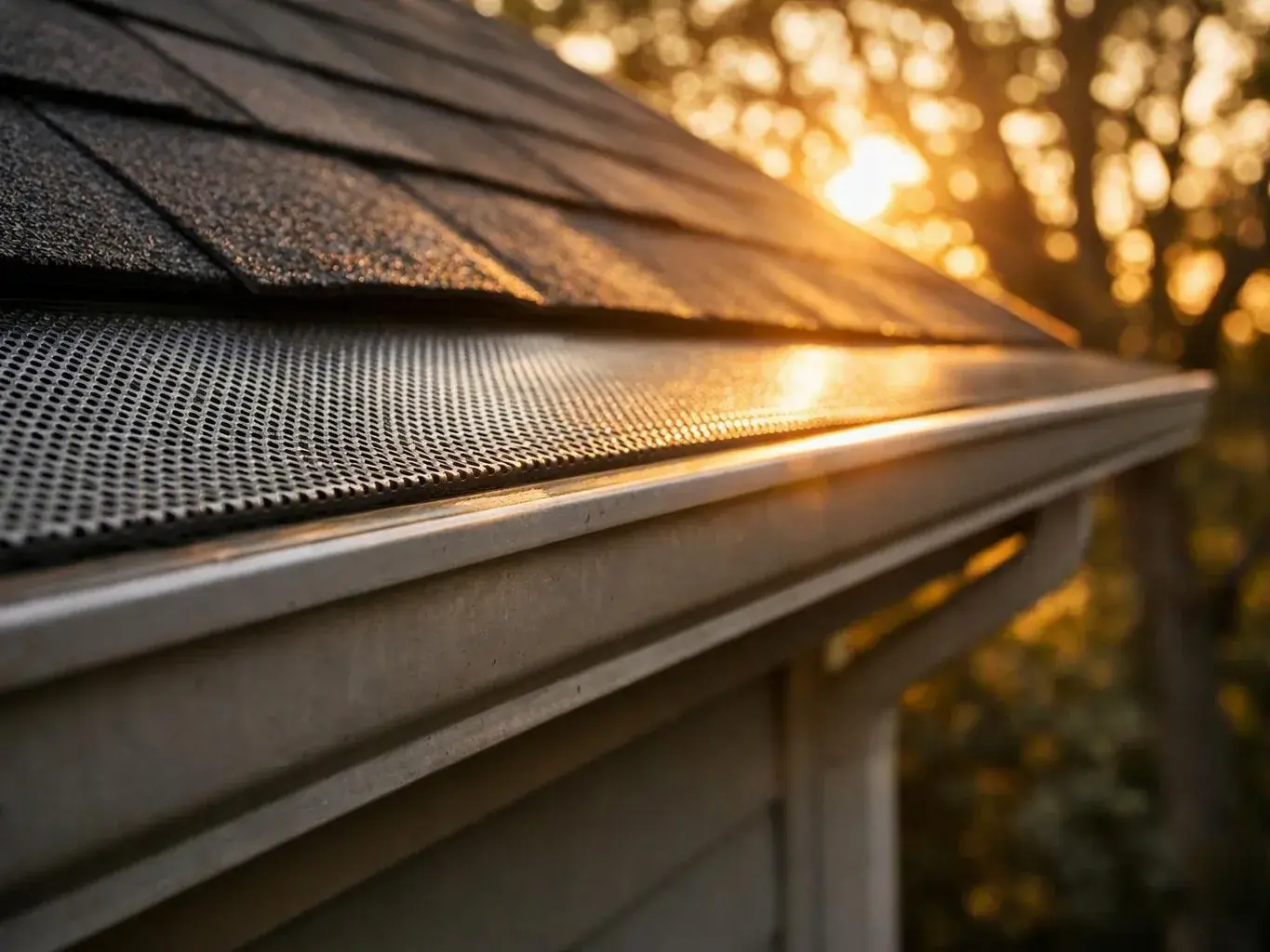 Close-up of a house roof edge with shingles and metal guttering in warm sunset light