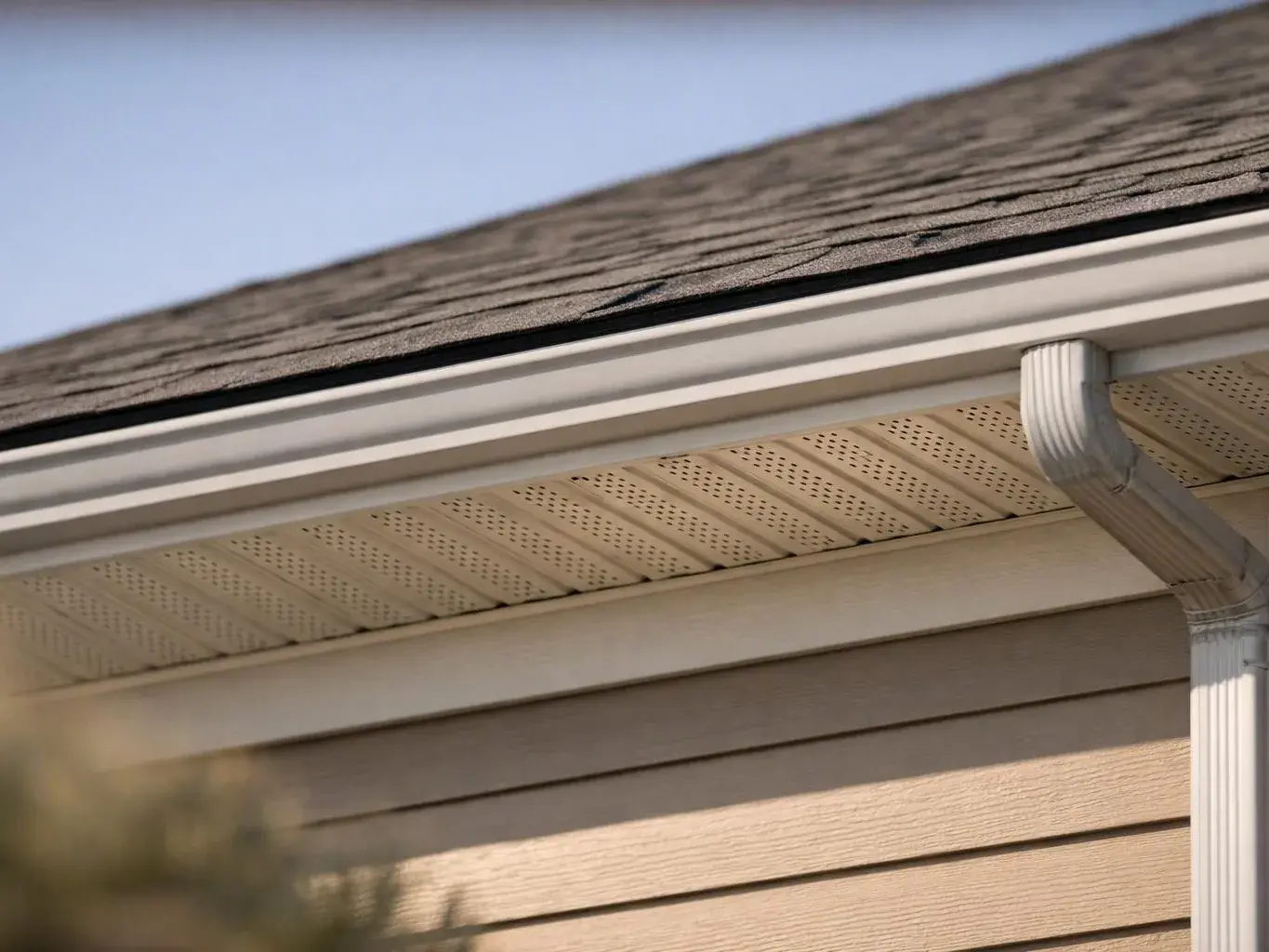 Close-up of a house roof edge with siding, soffit vents, and a rain gutter against blue sky