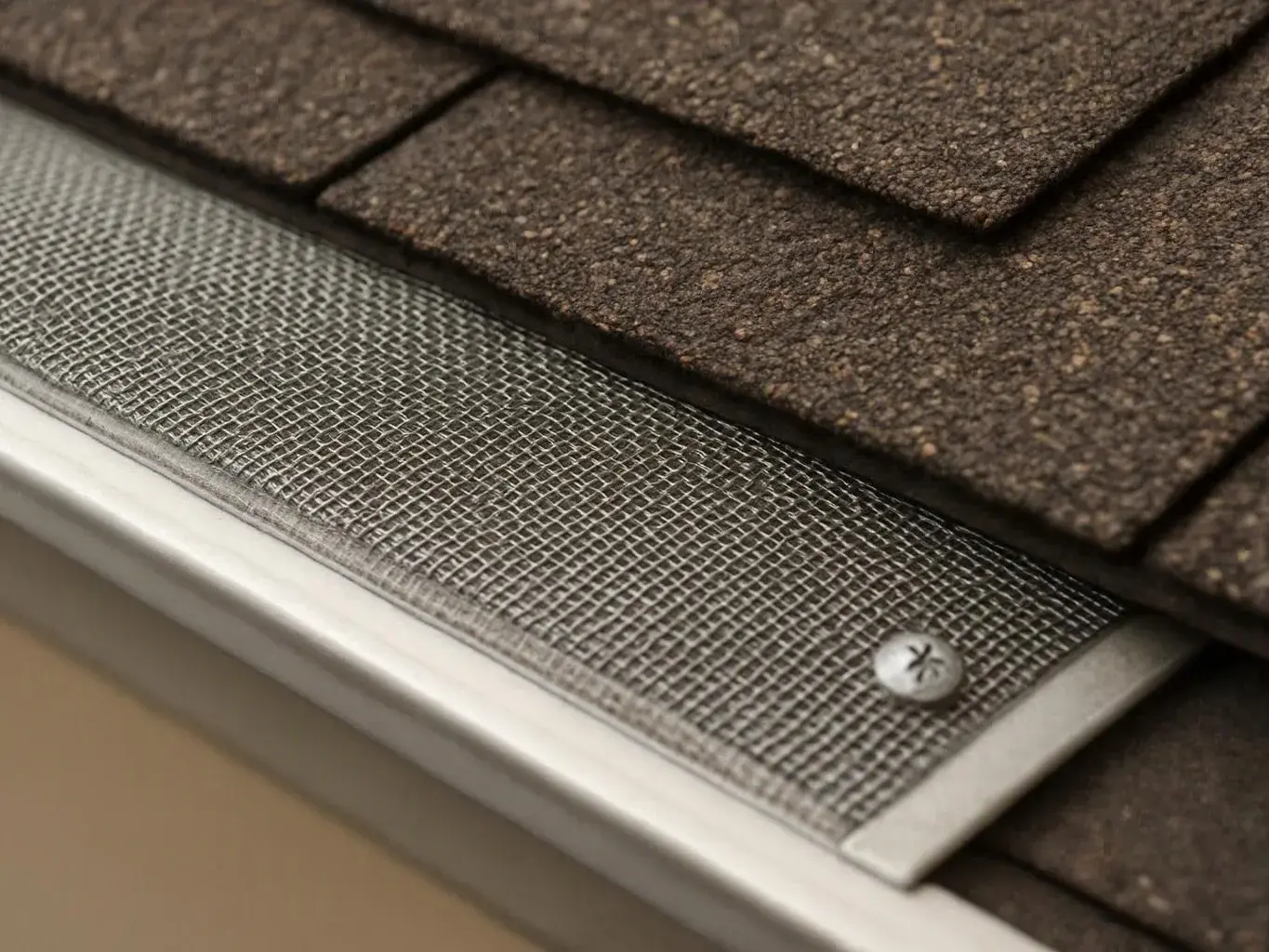 Close-up of layered roof shingles over a metal mesh strip and fastener