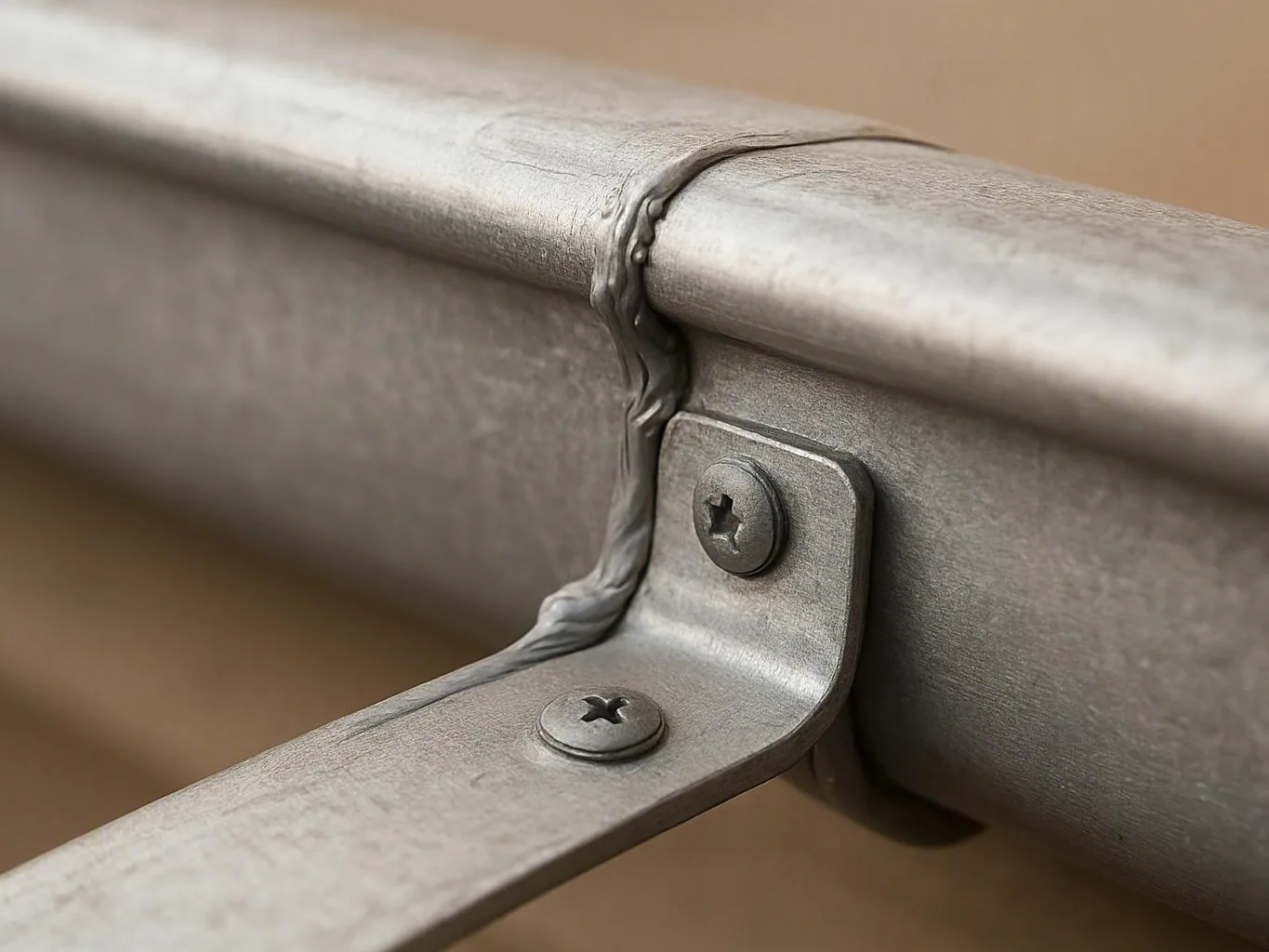 Close-up of a metal bracket bolted to a welded rail joint against a blurred background