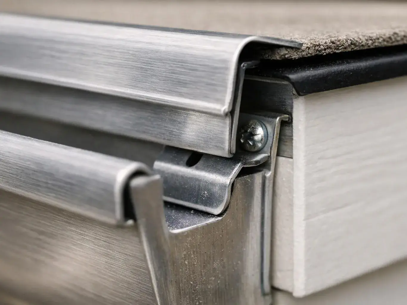 Close-up of a metal drawer corner with a visible screw and brushed silver trim mounted beside a light wood panel