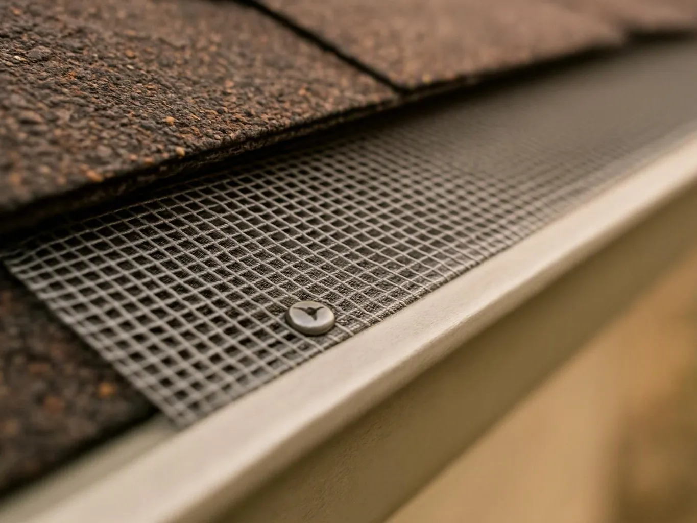 Close-up of roof shingles over a metal mesh vent with a visible screw