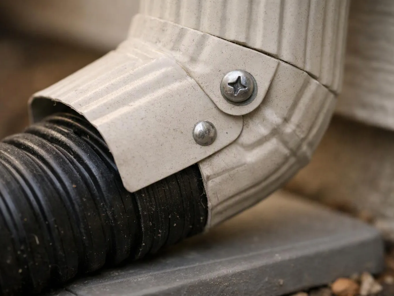 Close-up of a black corrugated pipe joined to a beige metal elbow with screws
