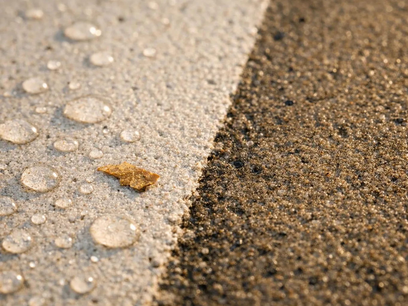 Close-up of wet pavement with water droplets and a small brown leaf beside a dark strip of asphalt