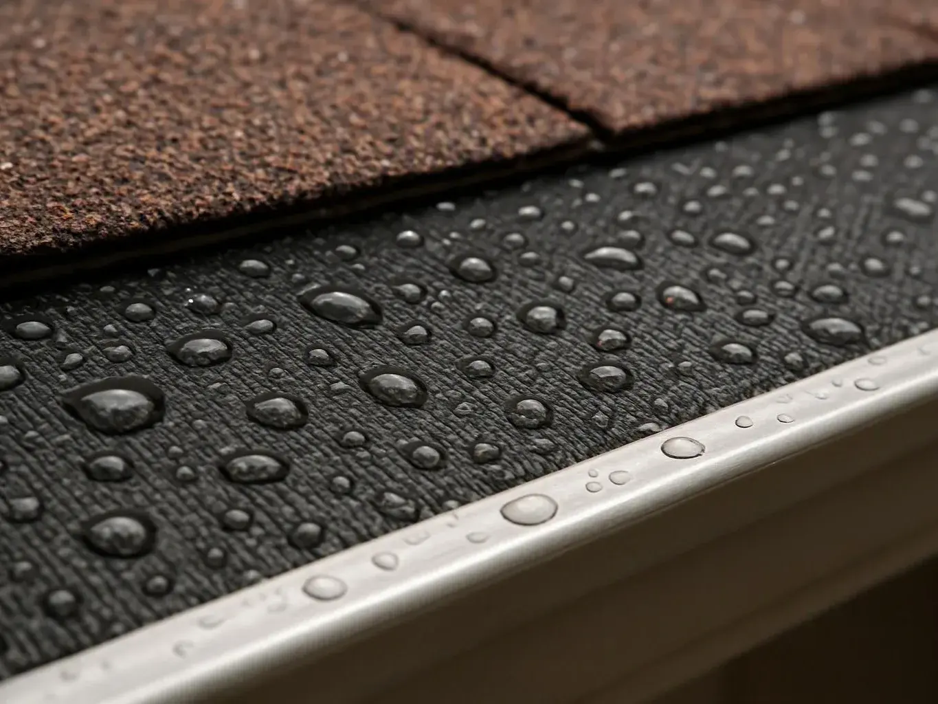 Close-up of wet roof shingles and a gutter edge covered with water droplets
