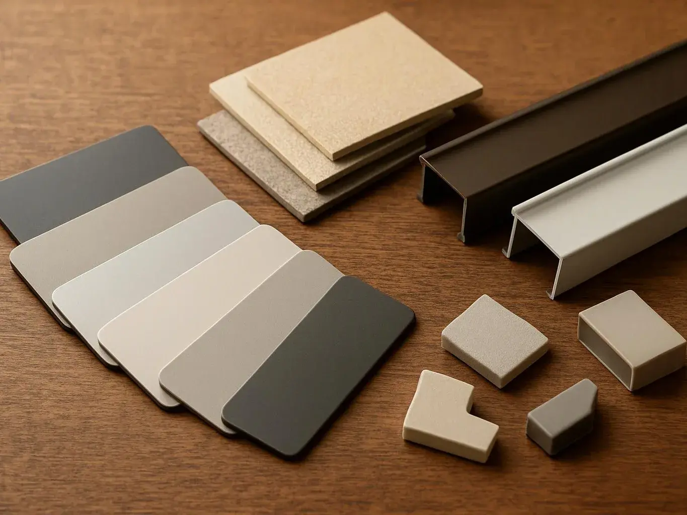 Color and material samples lie on a wooden table beside metal trim pieces and small blocks