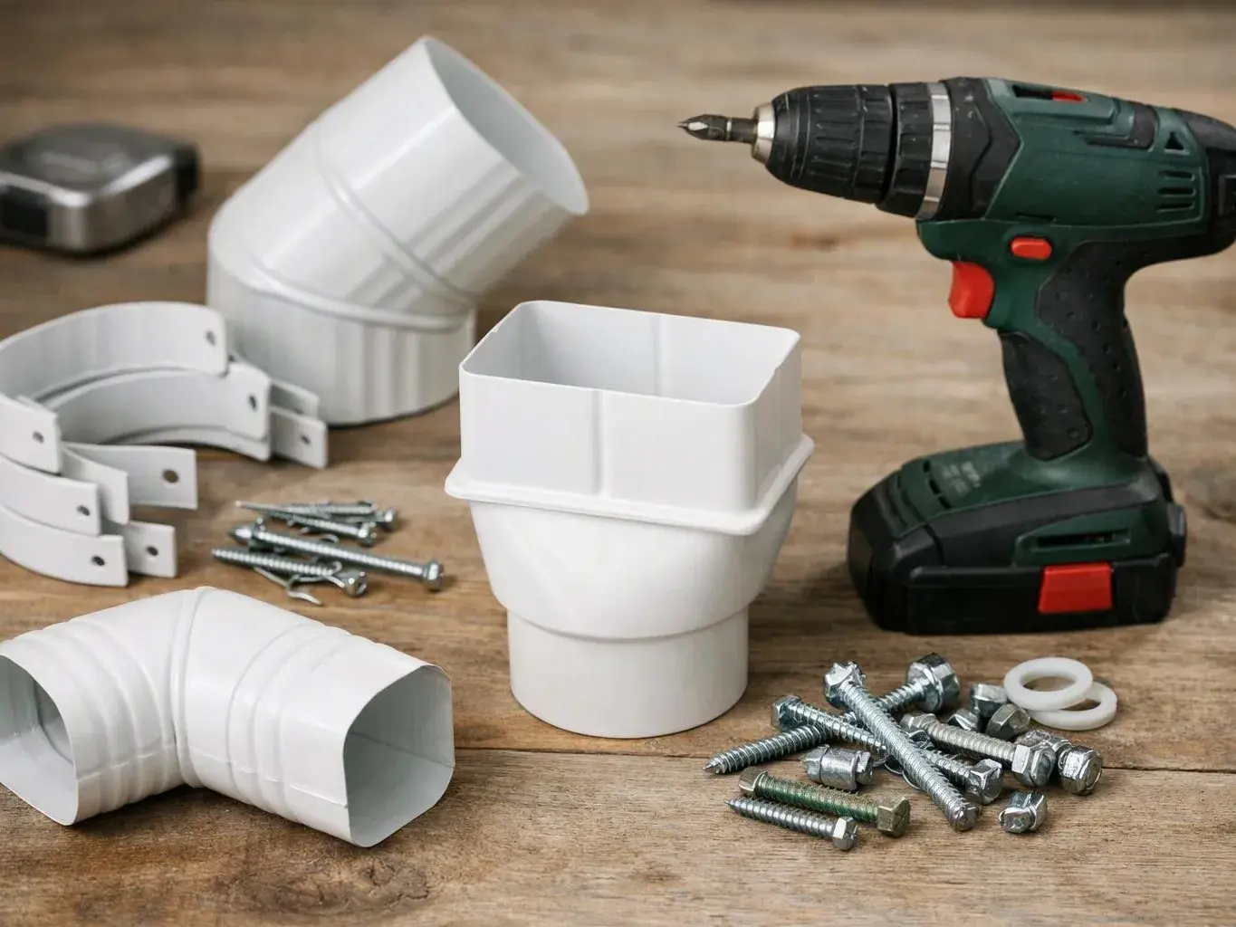 A cordless drill sits beside white gutter fittings, screws, and brackets on a wooden work surface