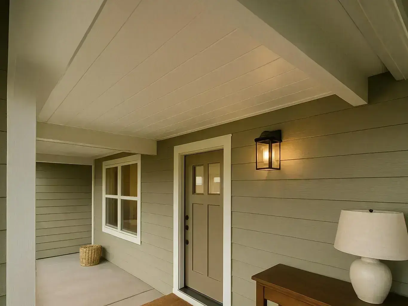 A covered porch shows a front door, window, wall lantern, table lamp, and a wicker basket