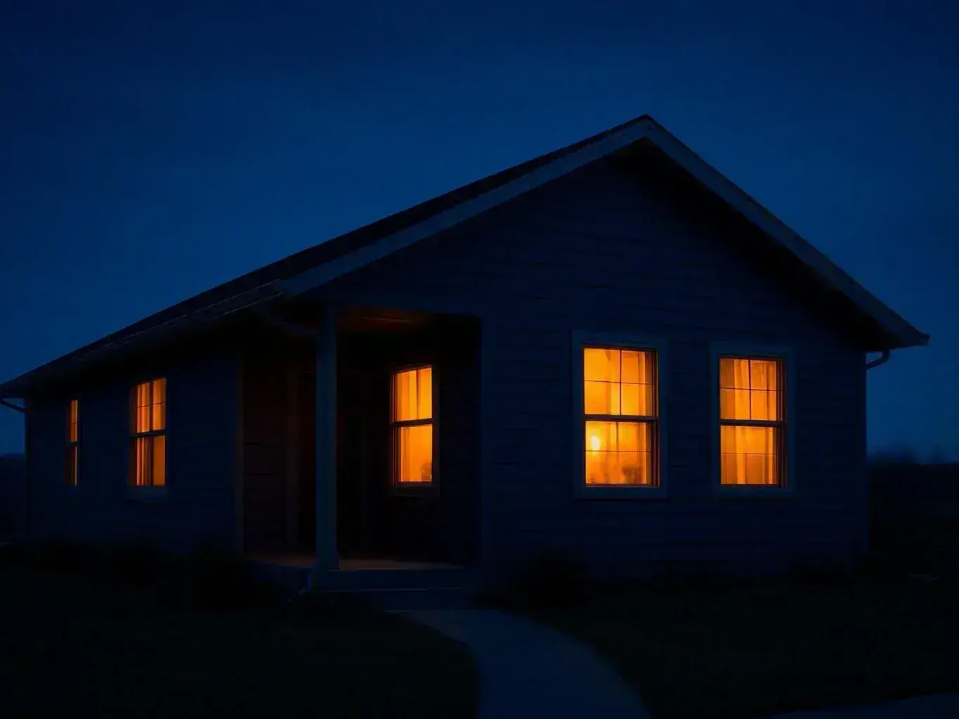 A dark house sits at dusk with warm yellow light glowing from several windows