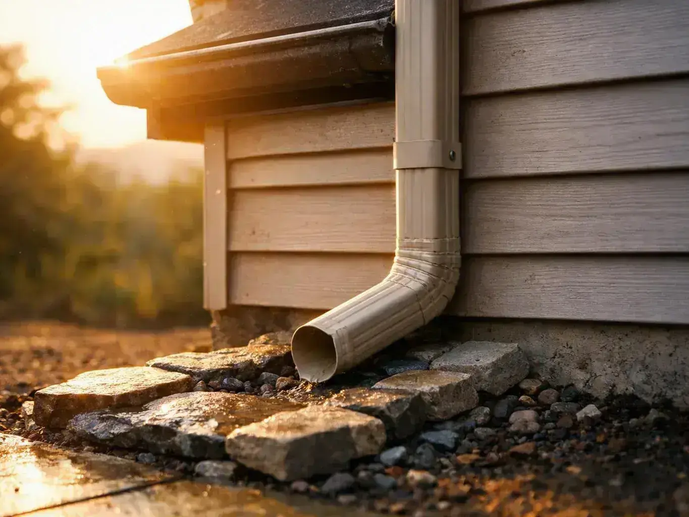 A downspout drains water beside a house wall onto wet stones at sunset