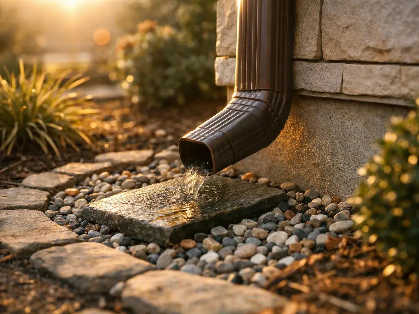 A downspout pours water onto a stone slab beside a house wall at sunset