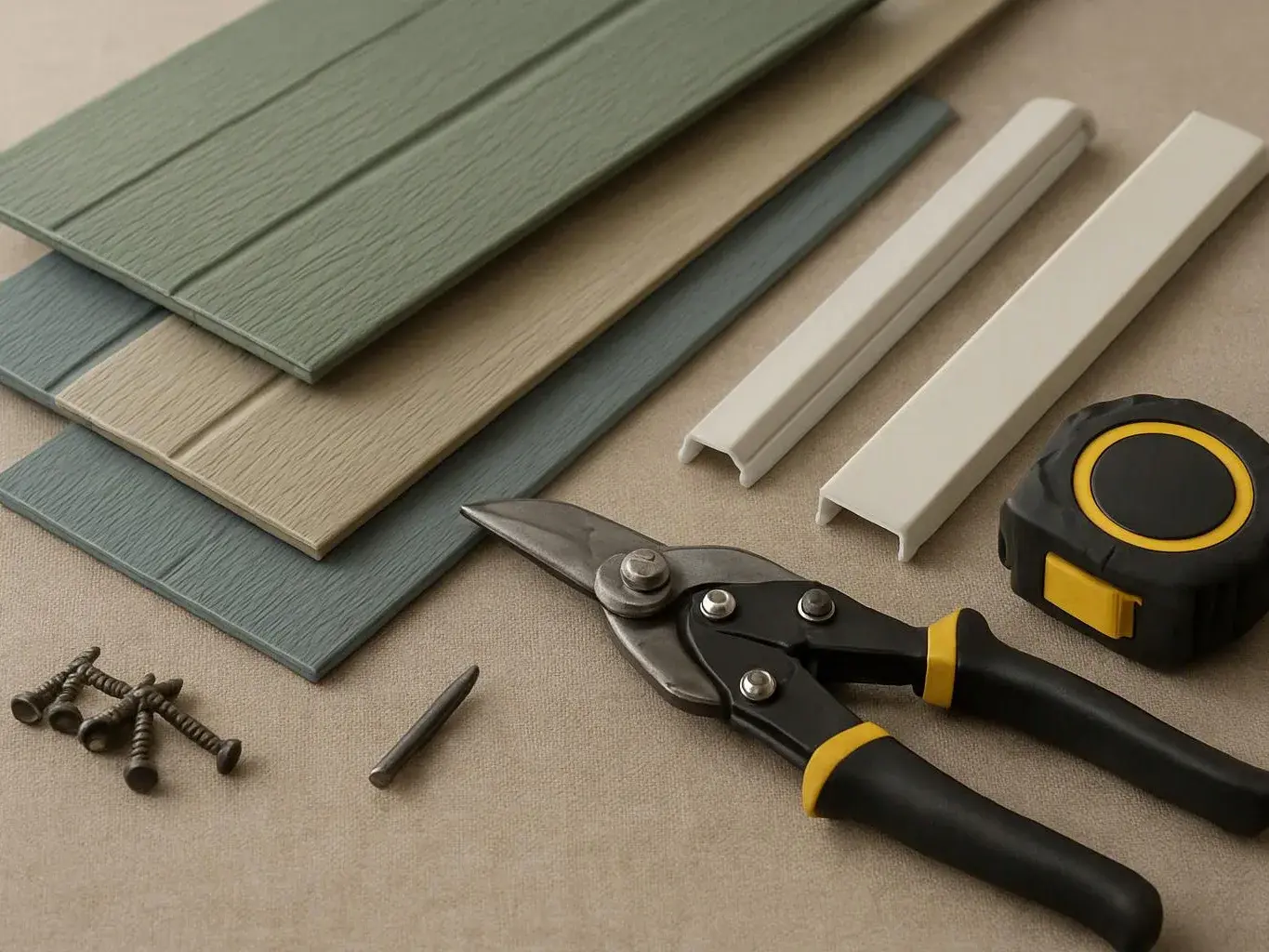 Flooring samples, snips, screws, and a tape measure lie on a beige work surface