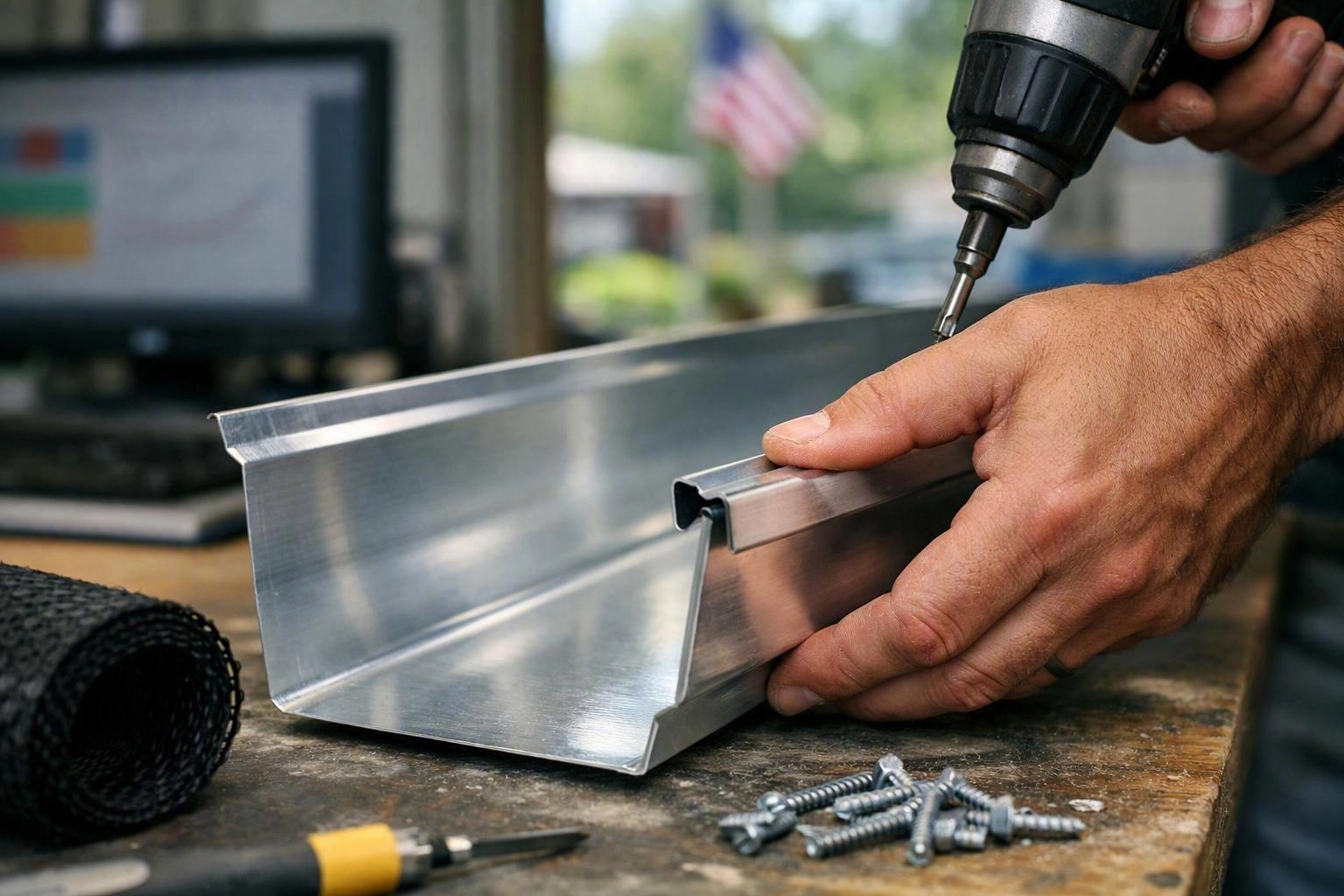 A hand holds a metal drill over an aluminum gutter channel on a workbench