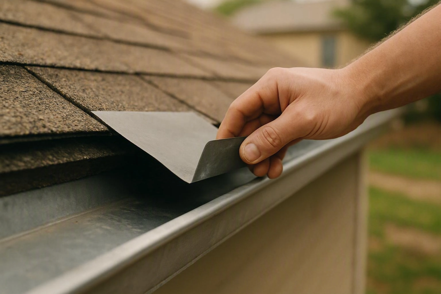 A hand lifts a metal flashing strip under roof shingles beside a gutter, outdoors