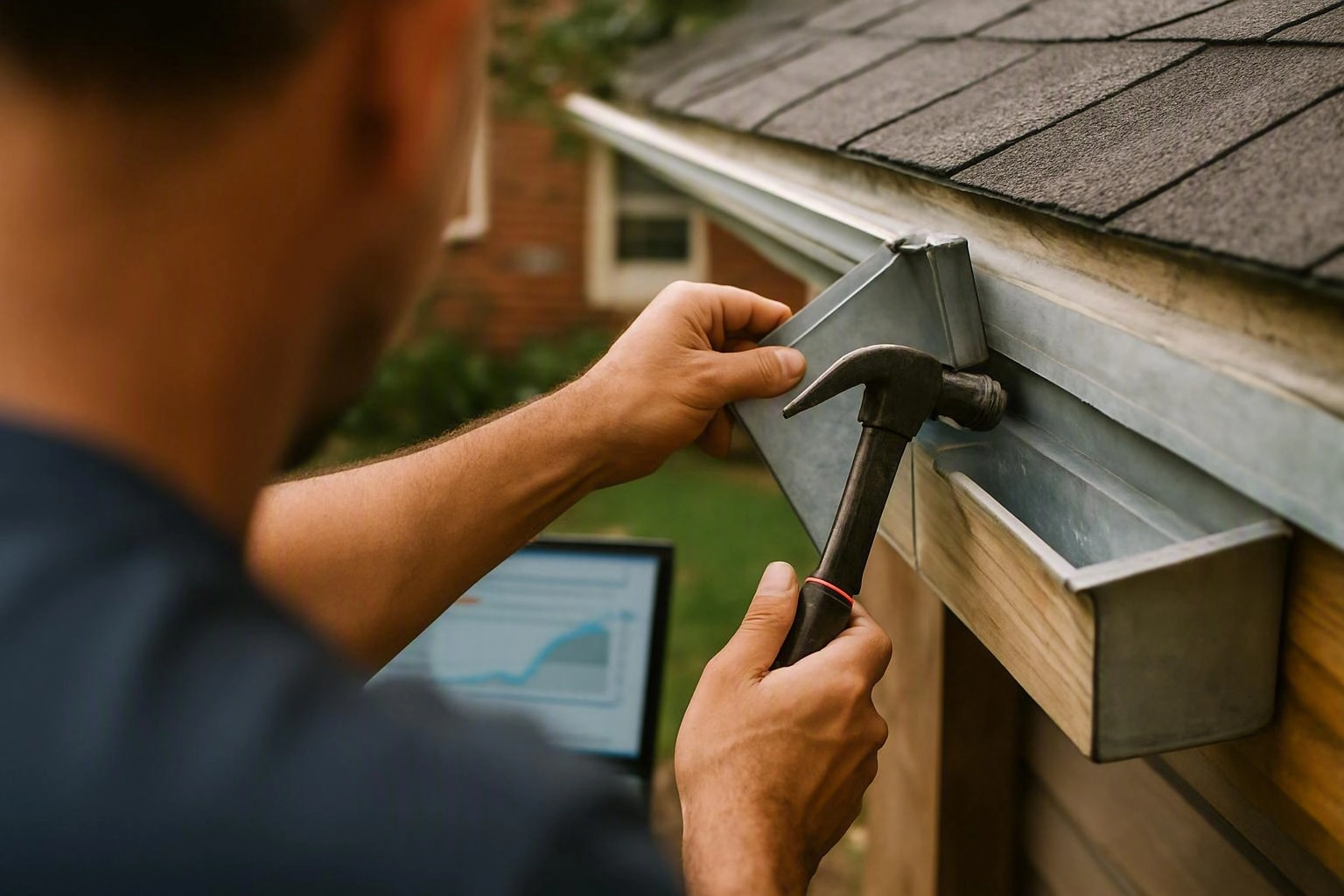 A worker hammers a metal gutter on a house roof, with a laptop open nearby outside
