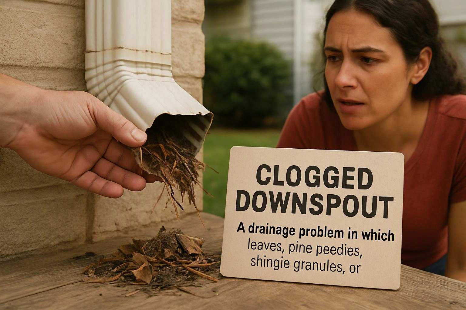 A woman watches a hand clear leaves from a clogged downspout beside a sign on a porch