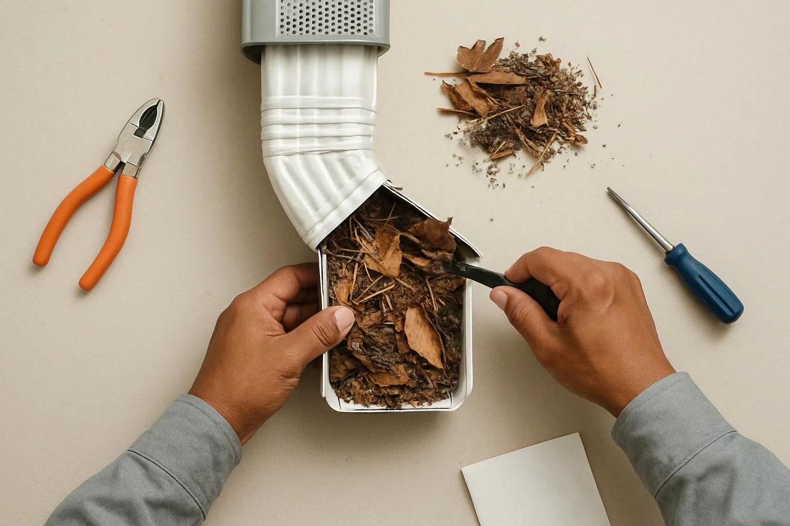 Hands clear debris from a white gutter elbow on a beige work surface with pliers and a screwdriver nearby