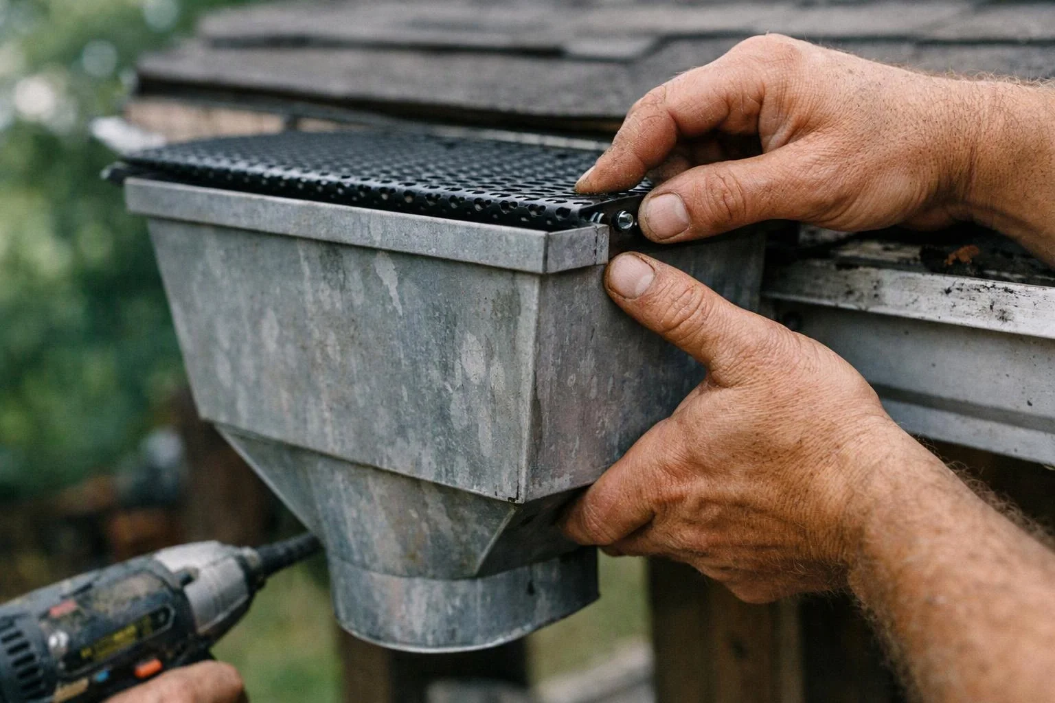 Hands position a metal gutter downspout on a wooden roof edge beside a power drill