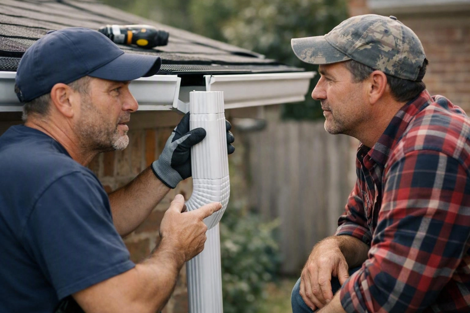 Two men inspect a white gutter downspout beside a house roof in a backyard