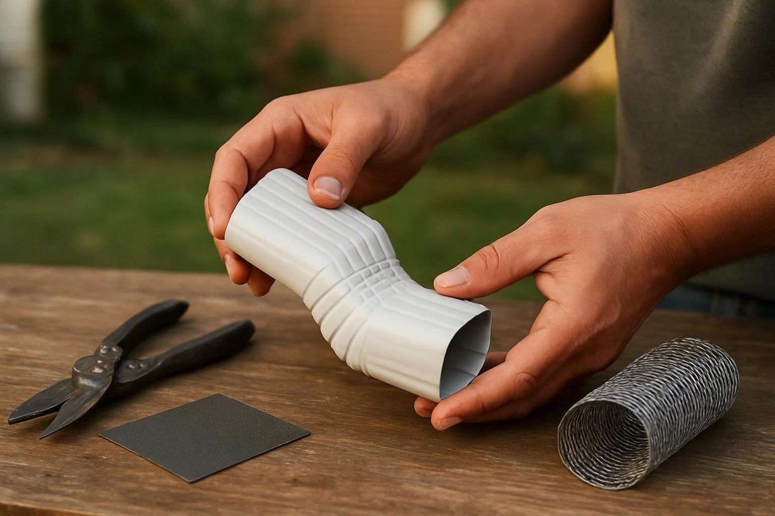 Hands hold a white bent paper tube over a wooden table with scissors and metal mesh nearby