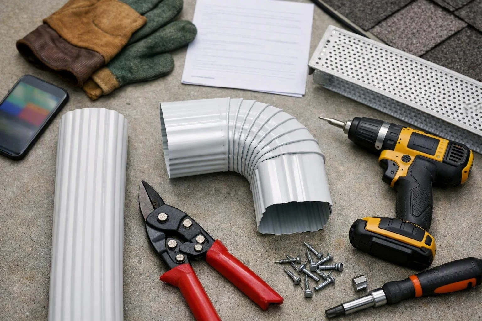 A flat lay shows roofing tools, metal gutter pieces, screws, gloves, a drill, and snips on concrete