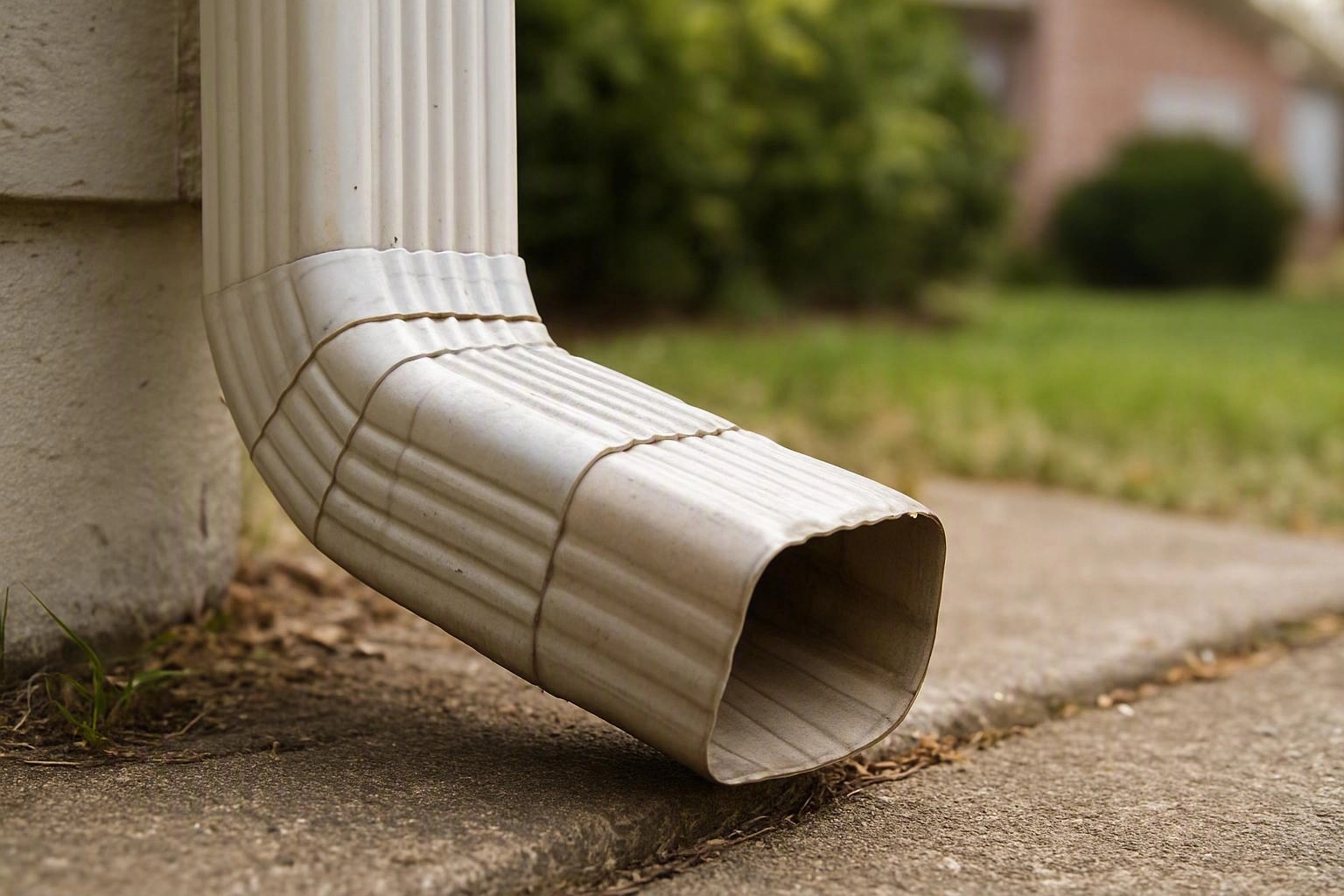 A white downspout bends over a concrete walkway beside grass and a house wall