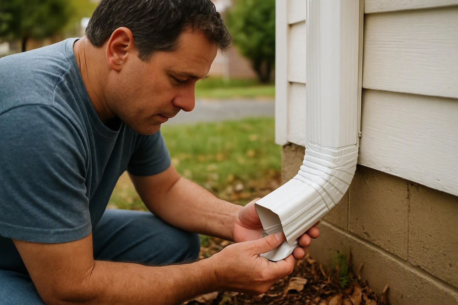 A man crouches beside a house, inspecting a white downspout near the foundation