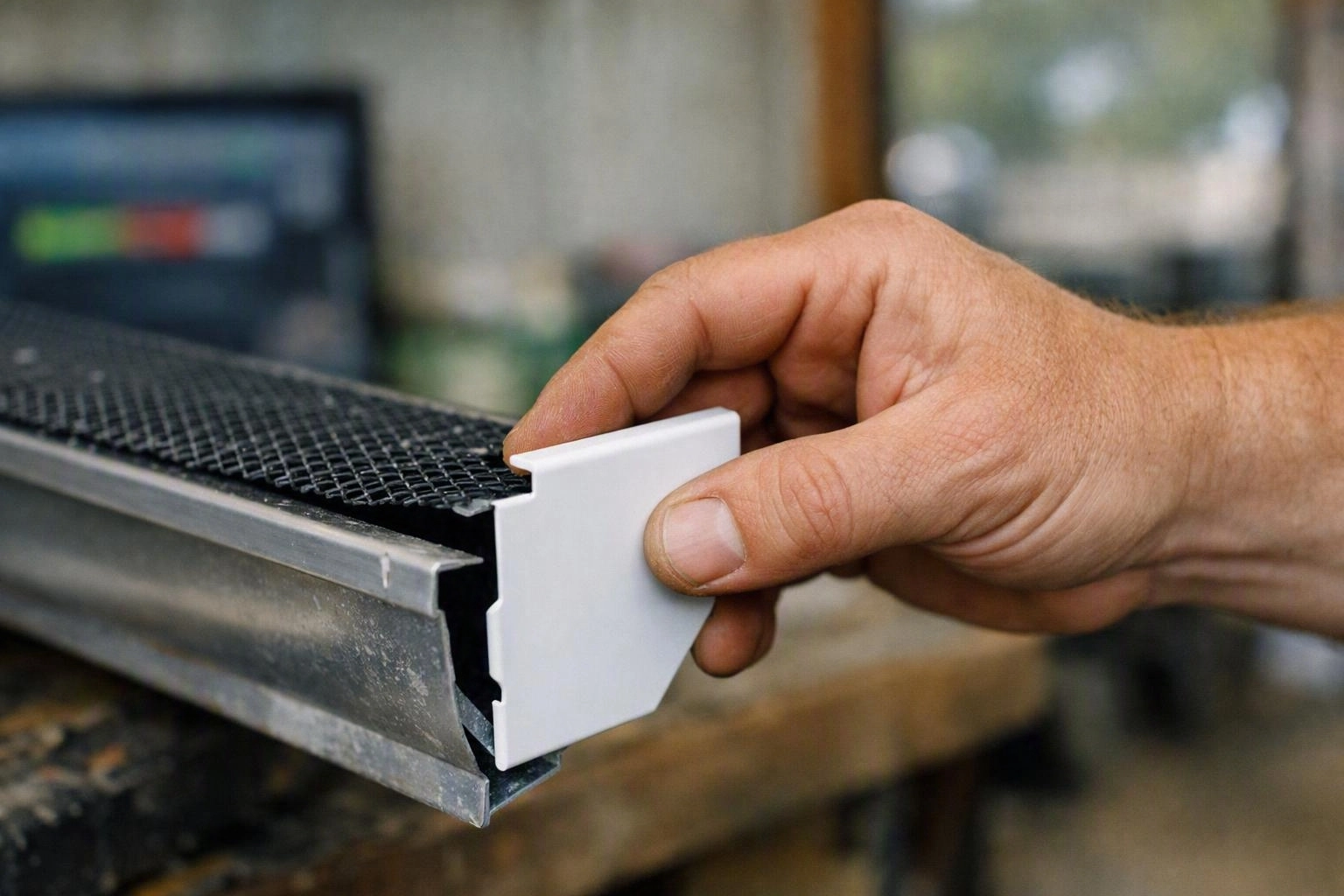 A hand fits a white plastic corner piece onto a black mesh screen frame in a workshop