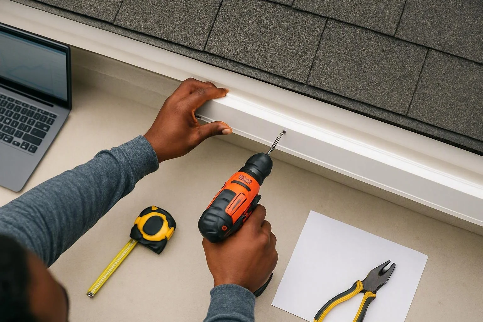 A person installs a white trim piece under a shingled roof, with tools and a laptop on the work surface