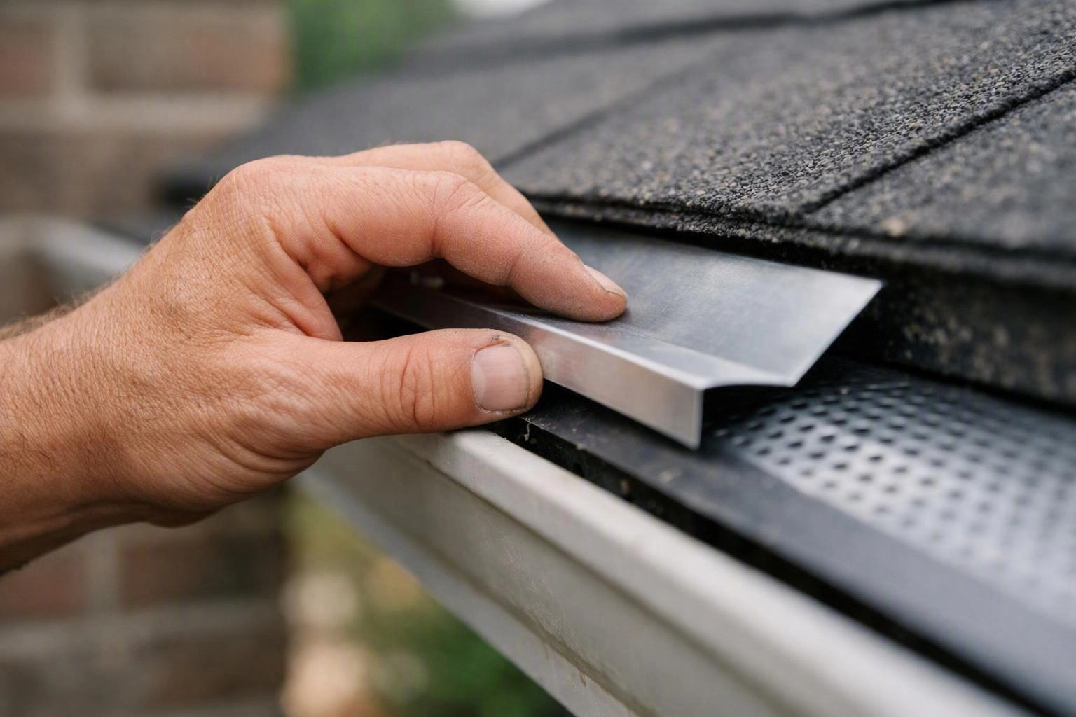 A hand presses a metal flashing strip under dark roof shingles along a gutter edge