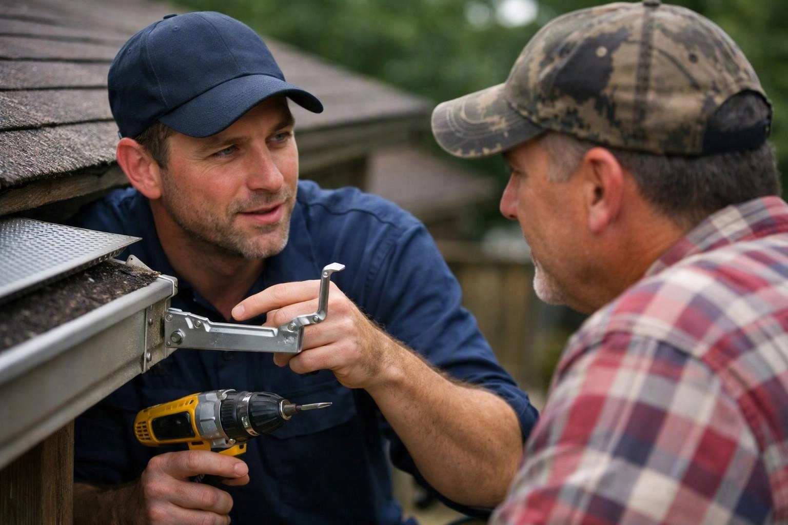 Two men inspect a roof gutter, one holding a drill while the other watches closely outside