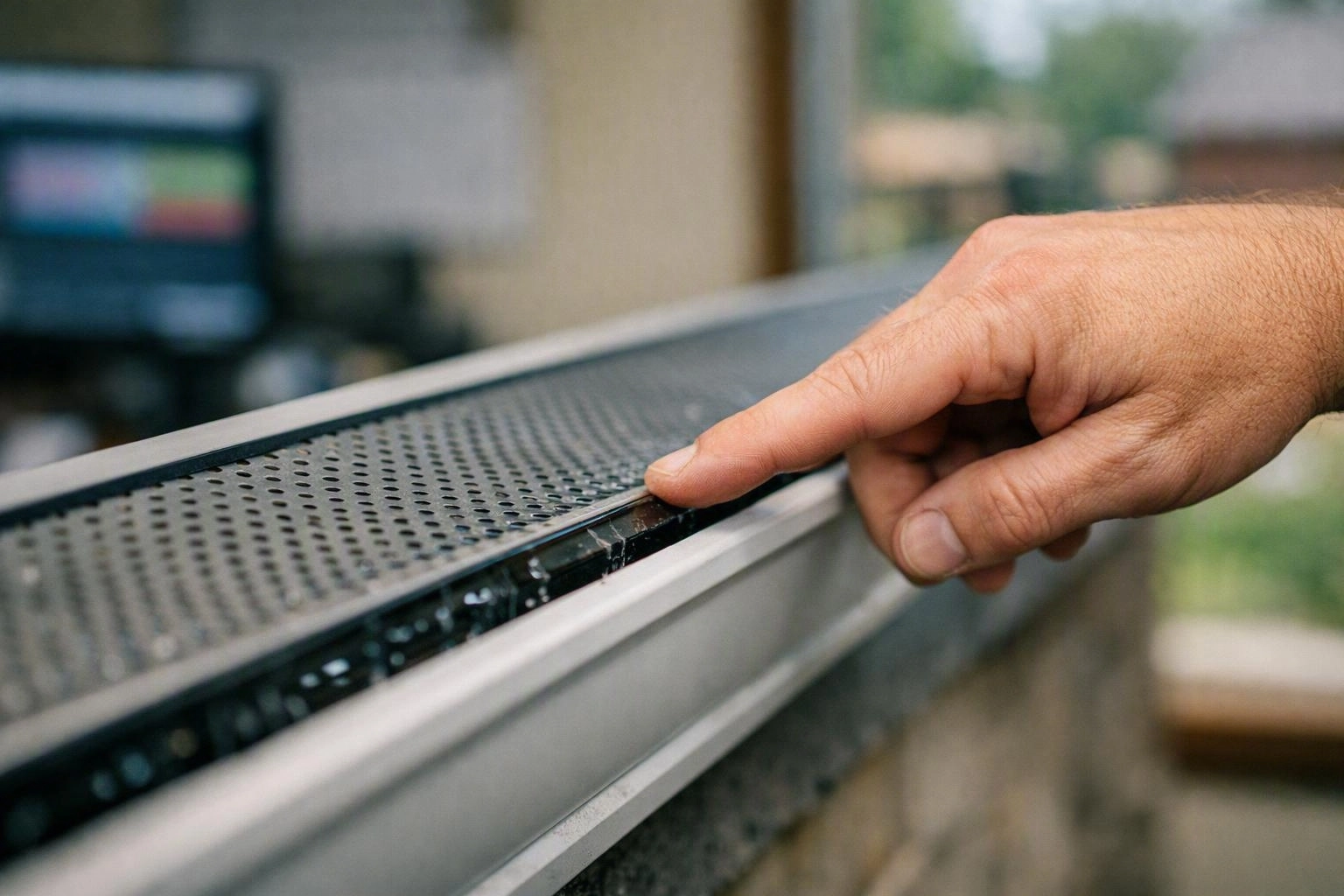 A close-up shows a hand touching a perforated metal device or appliance edge indoors