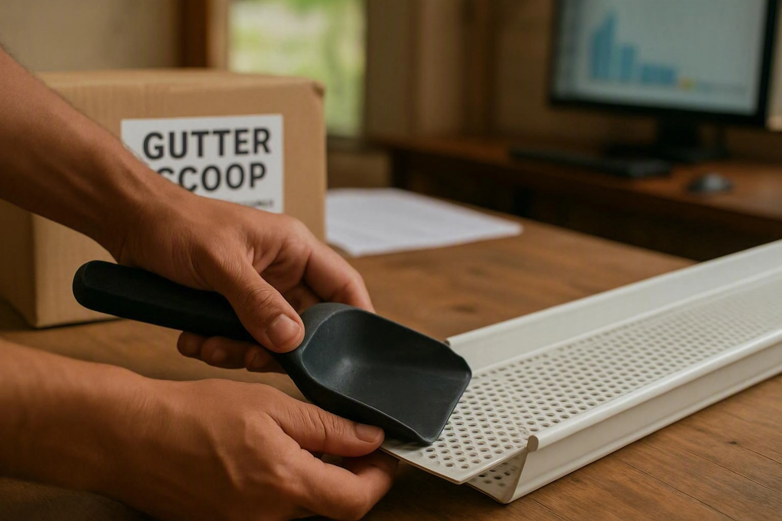Hands hold a black scoop over a white perforated gutter guard beside a labeled cardboard box on a wooden table