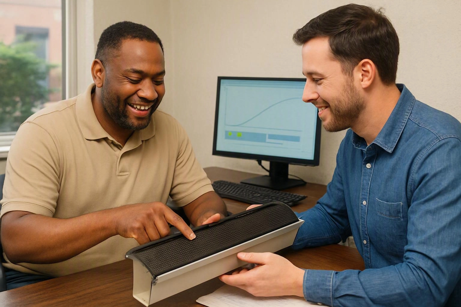 Two men smile while examining a long black textured object at a desk in an office room