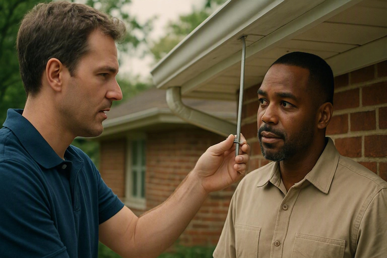 Two men stand by a brick house, one holding a metal rod near the other’s face under the eaves