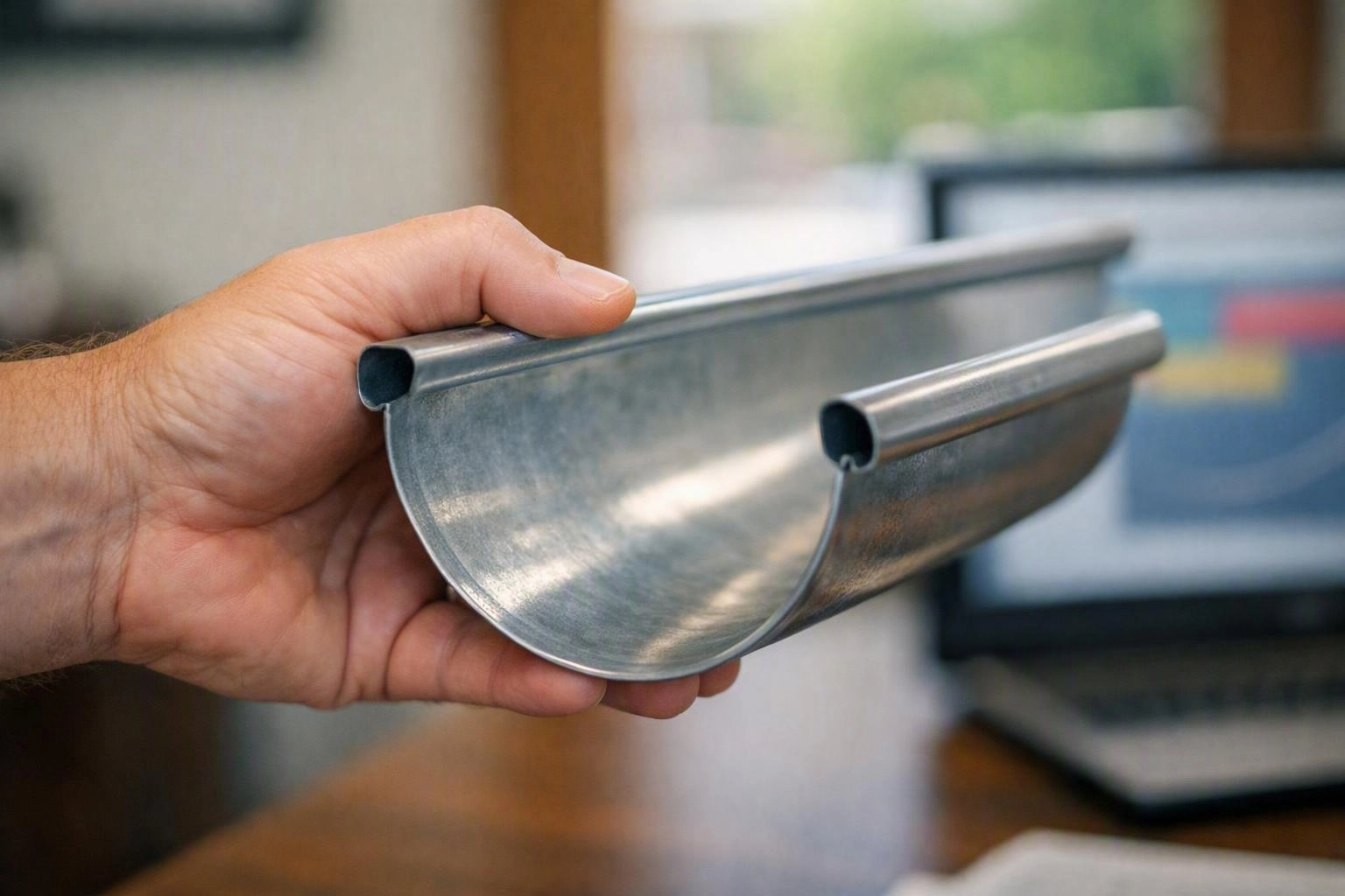 A hand holds a shiny metal gutter piece in a blurred indoor workspace